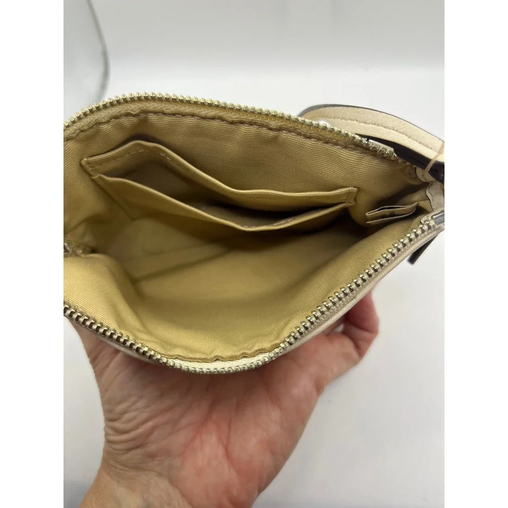Coach Signature Canvas‎ Wristlet Pouch Beige Tan Leather Trim Charm